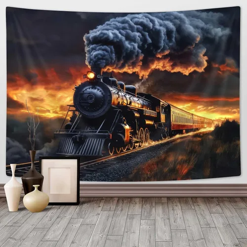 Miniatura 24 de Tapiz de Tren de Vapor, Tapices de Paisaje Otoñal de Tren de Motor Antiguo Decoración para Niños, Tapices de Arte de Acuarela de Bosque de Montaña
