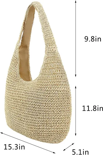 Miniatura 7 de Naimo Bolso de hombro de playa de paja para mujer, bolso de mano grande, tejido a mano, bolso estilo hobo casual de verano