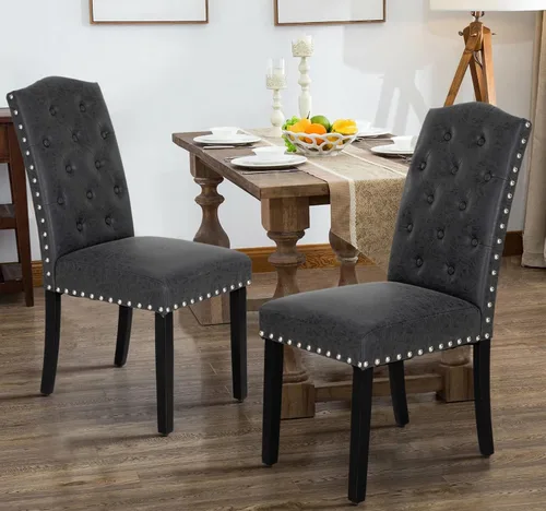 MAISON ARTS Juego de 2 sillas de comedor de piel sintética, sillas de comedor tapizadas con ribete de cabeza de clavo y patas de madera maciza,