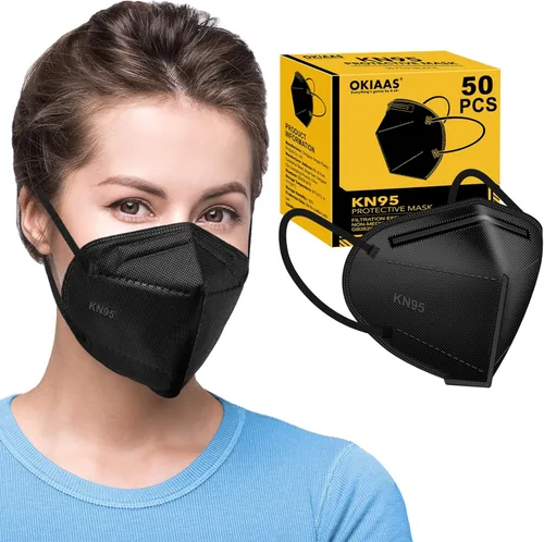 OKIAAS - Mascarilla KN95, paquete de 50, mascarillas negras de 5 capas, protección facial contra PM2.5, polvo, polen y niebla, adecuadas para
