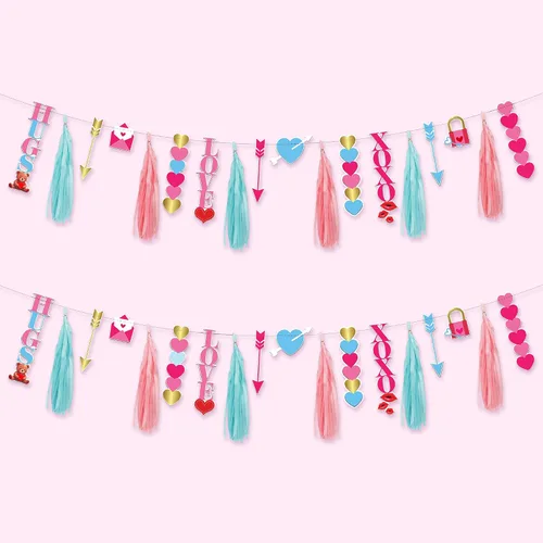 KatchOn, Guirnalda de San Valentín con borlas, 10 pies, 2 cuerdas, sin bricolaje, pancarta galentina multicolor, decoraciones para el día de San