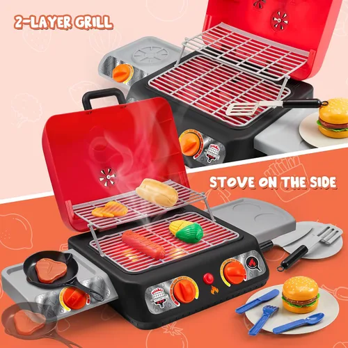 Miniatura 8 de Juego de parrilla para barbacoa para niños, juego de juguetes de cocina con humo de simulación, luz, sonido y alimentos que cambian