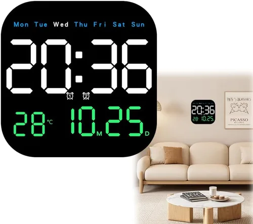 Miniatura 10 de Reloj de pared digital con pantalla grande 2026 Reloj despertador LED con control remoto, temperatura, día calendario, brillo regulable