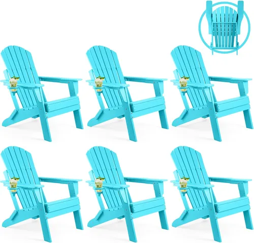 Miniatura 26 de FUNBERRY Juego de 6 sillas plegables Adirondack para todo tipo de clima, sillas para hogueras de polietileno de alta densidad con portavasos
