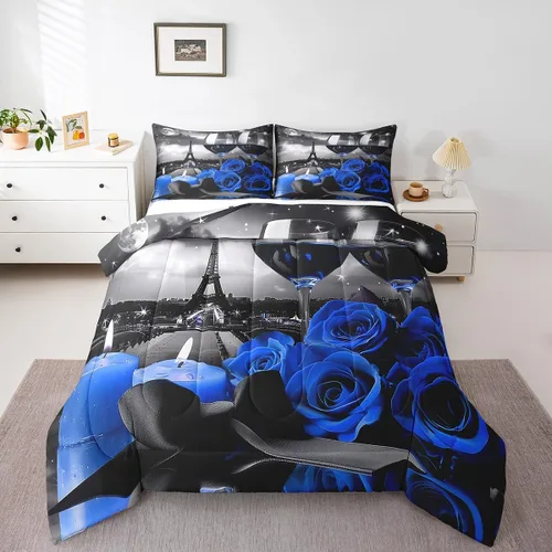 Miniatura 14 de Juego de edredón de rosas rojas, tamaño individual, juego de ropa de cama floral rojo degradado negro para niñas, mujeres, niños, adolescentes