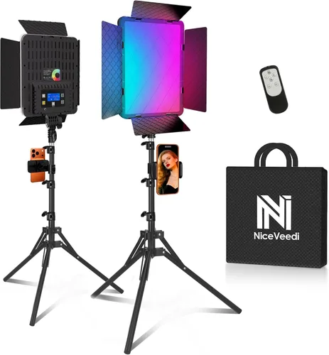 NiceVeedi Paquete de 2 luces de fotografía RGB con 20 efectos, 40W/360° a todo color/2700-6500K luces de estudio con control remoto y pantalla, luz