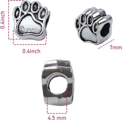 Miniatura 2 de AUEAR, Cuentas de huella de perro vintage de 0.439 pulgadas (0.433 in), huella de pata de cachorro, agujero grande, dije de metal para pulseras