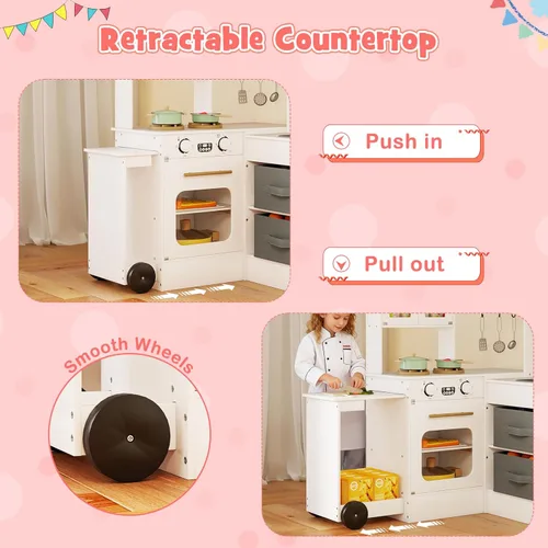 Miniatura 2 de HONEY JOY Cocina de Juego de Esquina con Carrito Rodante, Juego de Cocina de Juguete de Madera de Simulación con Luces, Máquina de Hielo, Estufas