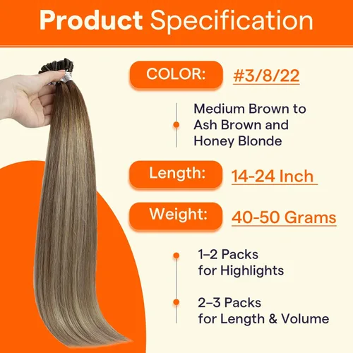 Miniatura 4 de Full Shine - Extensiones de cabello humano con punta en U, de 14 pulgadas, estilo balayage, color 3 con decoloración a rubio claro 8 y 22