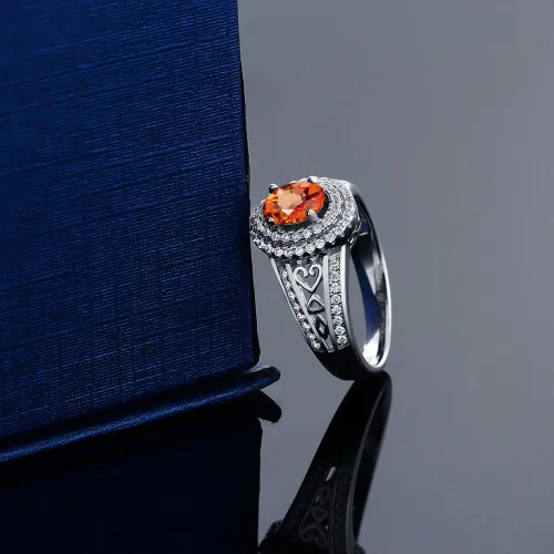 Miniatura 46 de Anillo de compromiso con halo de piedra preciosa y piedra natal en plata chapada en oro amarillo de 18 quilates, ovalado, 0.236 x 0.157 pulgadas