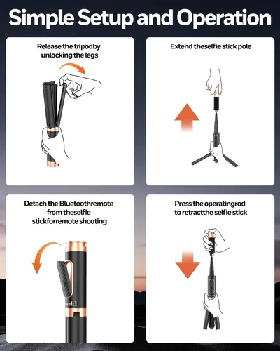 Miniatura 8 de Trípode selfie stick para iPhone y Android, soporte de trípode portátil para teléfono con control remoto Bluetooth, apertura de un clic, compacto