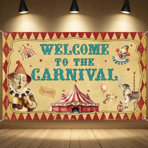 Tiamon Telón de fondo vintage de carnaval de Halloween, 73 x 43 pulgadas, decoración retro de fiesta de circo, cartel de bienvenida al carnaval,