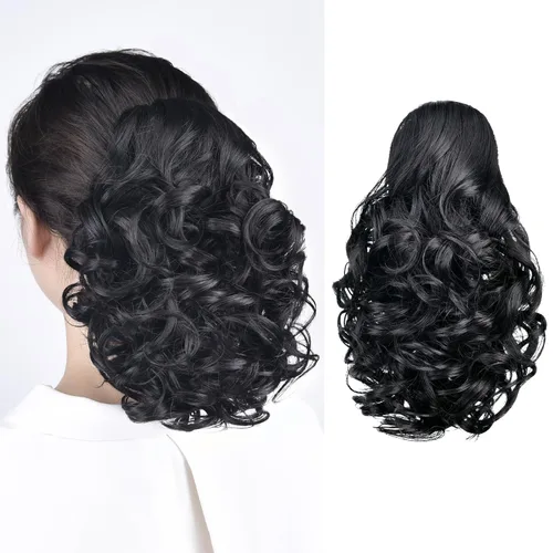 Miniatura 2 de Extensión de cola de caballo negra con clip de garra, ondulada, 10 pulgadas, 3.5 onzas, sintético, como verdaderos, postizos, para mujer, Yaki
