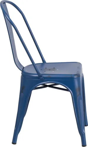 Miniatura 7 de Merrick Lane Banks - Silla apilable de comedor, marco de metal azul antiguo, acabado con recubrimiento en polvo envejecido, respaldo de listones
