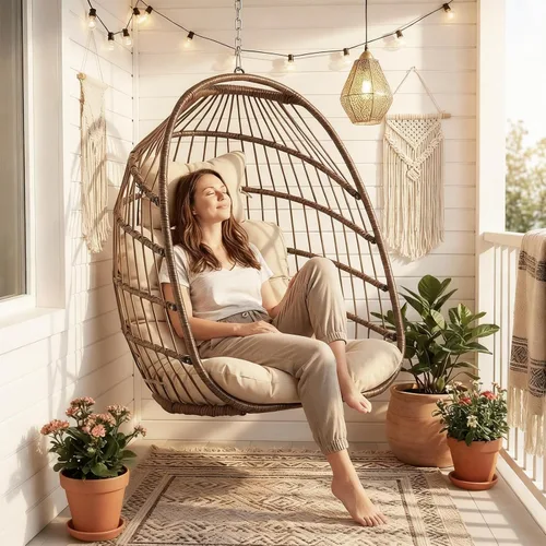 Miniatura 18 de NICESOUL Silla de huevo sin soporte para interiores y exteriores, cómoda silla colgante de mimbre para patio con cojín, hamaca columpio de 350 Beige