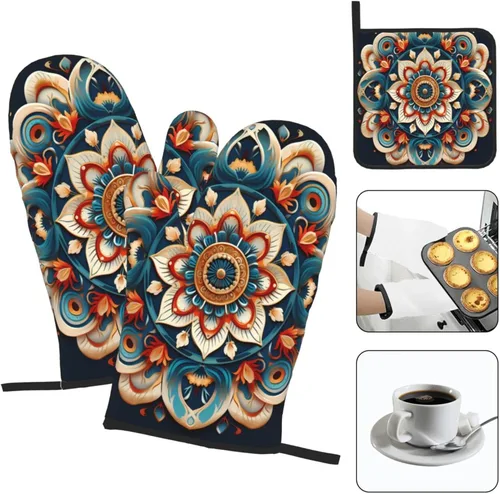 Miniatura 2 de Juego de manoplas de horno y soportes para ollas con mandala étnico bohemio, resistentes al calor, guantes de cocina y agarraderas para cocinar