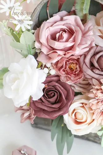 Miniatura 5 de Floroom - Flores artificiales de aspecto real en color rosa polvoriento y malva, rosas falsas, peonías y vegetación en conjunto para ramos de boda
