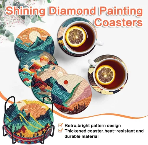 Miniatura 4 de ijbnhd 8 posavasos de pintura de diamante al atardecer con soporte, posavasos de arte abstracto de diamantes para principiantes, suministros