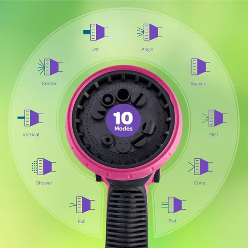 Miniatura 3 de Boquilla de manguera [rosa] Rociador de manguera resistente con 10 patrones de riego ajustables. Diseño de control de pulgar, cómodo agarre