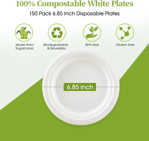 Miniatura 2 de ECOLipak Platos de papel de postre compostables de 6.85 pulgadas, paquete de 150 platos desechables, biodegradables, resistentes, ecológicos