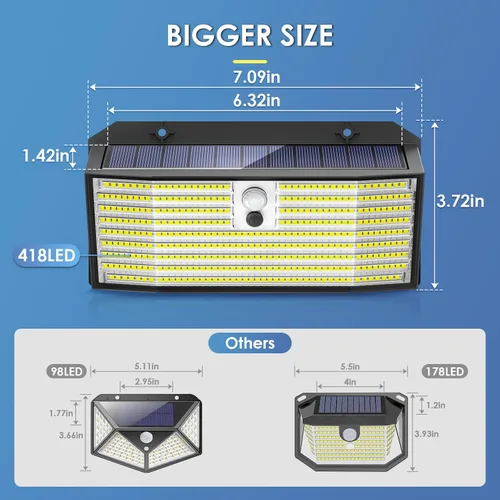 Miniatura 2 de Luces solares al aire libre mejoradas, 2 paquetes de 418 luces LED con sensor de movimiento, 3 modos de luz de seguridad, luz de pared solar