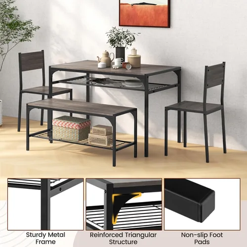 Miniatura 5 de COSTWAY Juego de mesa de comedor de 4 piezas, mesa de cocina y 2 sillas para 4 con banco, estantes de almacenamiento, marco de metal y diseño que