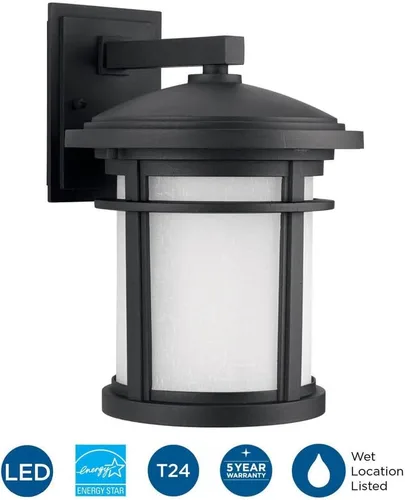 Miniatura 6 de Progress Lighting Wish LED Collection - Farol de pared mediana con 1 luz grabada de lino blanco y vidrio, para exteriores, color negro