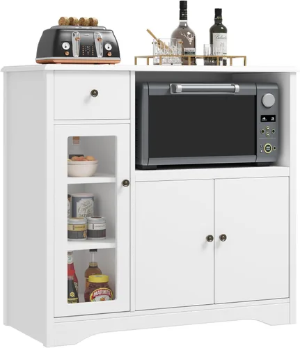 HORSTORS Armario para microondas, armario de almacenamiento de cocina con 3 puertas y 1 cajón, aparador de buffet con estantes ajustables, soporte