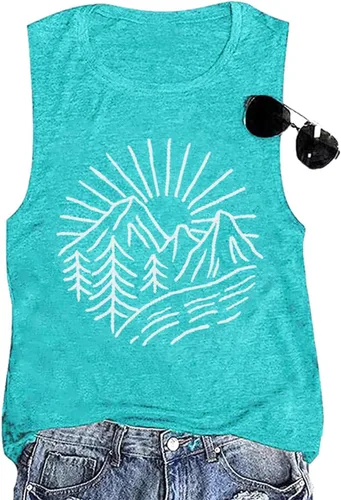 Miniatura 66 de Camisetas sin mangas de senderismo y montaña para mujer, divertidas camisetas de entrenamiento con gráficos de pino y amanecer, camisetas de verano