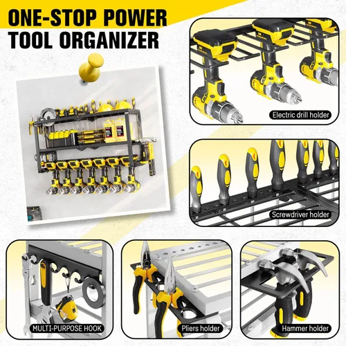 Miniatura 4 de Organizador de Herramientas Eléctricas para Montaje en Pared - Carga de 300 Libras, Estante de Almacenamiento de 3 Niveles con 7 Portataladros
