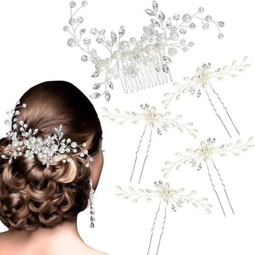 Miniatura 8 de ULTIMUTE Peine para el pelo y 4 pines, accesorios para el cabello de novia, con diamantes de imitación de cristal de perla, peine y horquillas