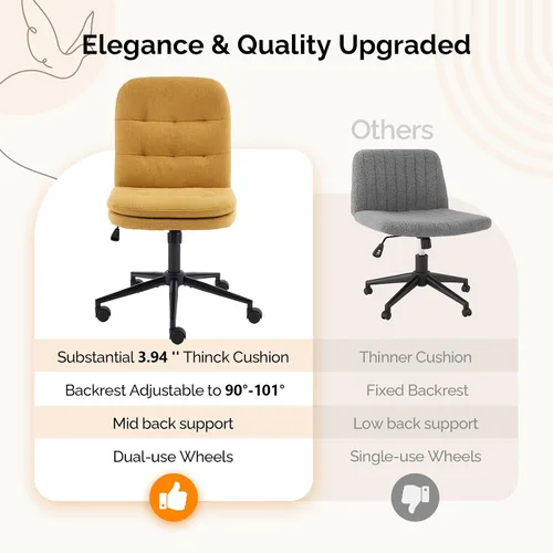 Miniatura 6 de VINGLI Silla de escritorio de oficina sin brazos con ruedas y sin ruedas, silla giratoria de 360° con cojín grueso, altura ajustable para sala