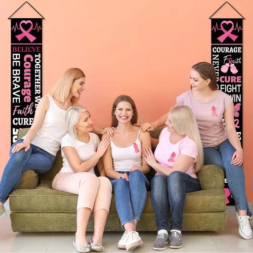 Miniatura 5 de Decoraciones de fiesta de cinta rosa para concientización sobre el cáncer de mama, cartel de porche, esperanza, fuerza, coraje, fe, pancarta