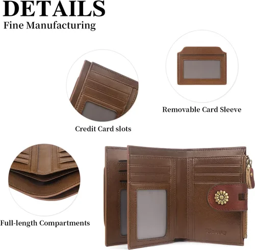 Miniatura 9 de Cartera de cuero con doble pliegue para mujer, bloqueo RFID, tarjetero compacto, cartera pequeña con ventana para identificación extraíble, Retro