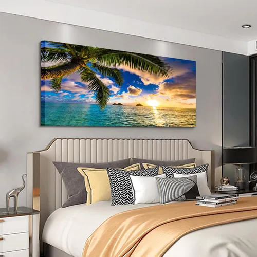 Miniatura 2 de EPHANY Arte de pared con palmera de playa y océano, 1 lienzo para pared, escena de puesta de sol con paisaje de árbol, estirado y enmarcado, listo