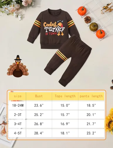 Miniatura 6 de WIQI Toddler Baby Boy Thanksgiving Outfit Turkey Letter Print Long Sleeve Striped Tops + Long Pants Thanksgiving Outfit Set
