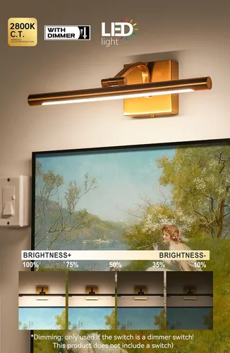 Miniatura 2 de Luz de imagen para pared de 15.7 pulgadas, iluminación artística cableada para pinturas, latón dorado, 2800 K, luz de galería regulable con tubo
