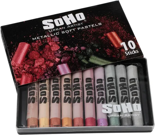 Soho Urban Artist Juego de 10 colores pastel suaves iridiscentes metálicos, palitos pastel vibrantes para arte, dibujo, mezcla, capas y sombreado