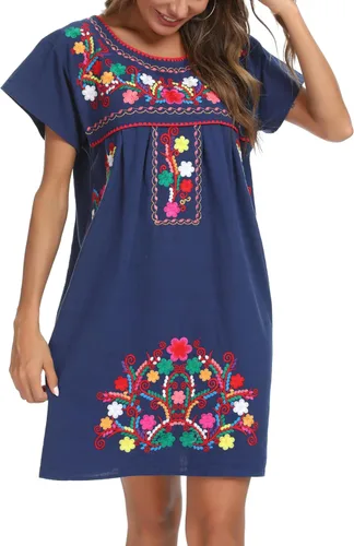 Miniatura 9 de YZXDORWJ - Vestido mexicano bordado de manga corta para mujer