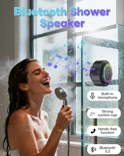 Miniatura 2 de Altavoz de ducha Bluetooth, IP67 impermeable altavoces portátiles con ventosa, espectáculo de luces, micrófono integrado, mini altavoz para baño