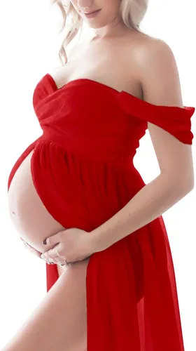 Miniatura 4 de Maternity Dress for Photography Off Shoulder Chiffon Gown Split Front Maxi Pregnancy Dresses for Photoshoot
