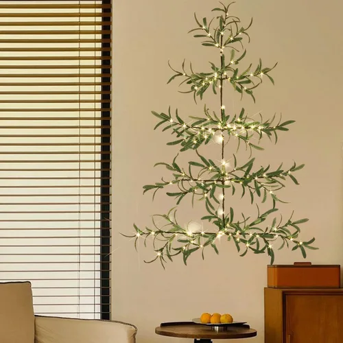 Miniatura 4 de Fudios Árbol de Navidad de pared de olivo con luces, 140 LED, 3.5 pies, guirnalda de ramas verdes preiluminadas con temporizador para ventana
