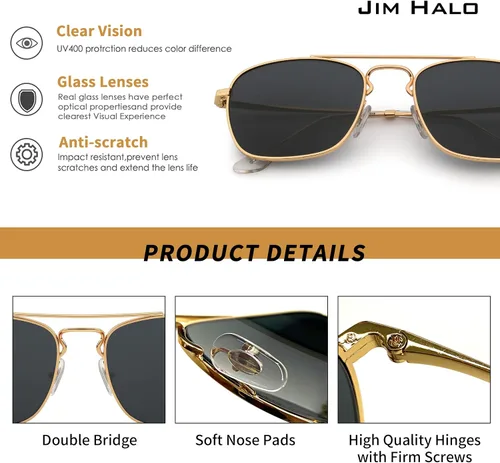 Miniatura 3 de JIM HALO Gafas de sol de aviador cuadradas retro de alta calidad lentes de vidrio planas de metal para hombres y mujeres