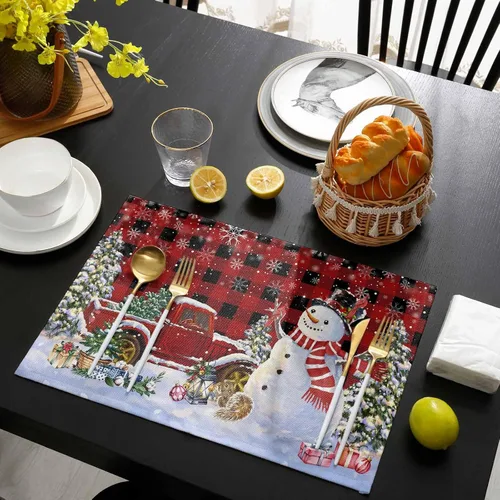 Miniatura 2 de Juego de 6 manteles individuales de Navidad, diseño de camión y muñeco de nieve, color rojo y negro, manteles individuales de lino, manteles