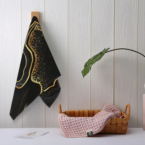 Miniatura 3 de Juego de 2 toallas de mano de baño con textura de mármol, suaves, absorbentes, negras y doradas, toallas decorativas para baño, cocina, deportes
