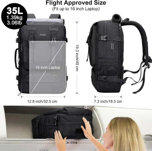 Miniatura 5 de PIJUSHI Mochila de viaje para mujeres y hombres, mochila de equipaje de mano, aprobada por vuelo, bolsa de lona convertible para laptop de 16 Negro