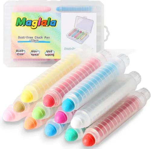 12 bolígrafos de tiza sin polvo, no tóxicos, lavables, de colores, para niños, lavables en húmedo, ideales para arte al aire libre y dibujo de
