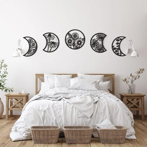 Jetec 5 piezas de decoración de pared de fase lunar sobre la cama, 10.6 pulgadas de alto, estilo bohemio, fase lunar, adorno de pared de madera para