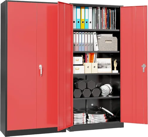 Miniatura 9 de Pataku Armario de almacenamiento de metal con cerradura, gabinete de garaje negro de 71 pulgadas de alto con 2 puertas y 4 estantes ajustables