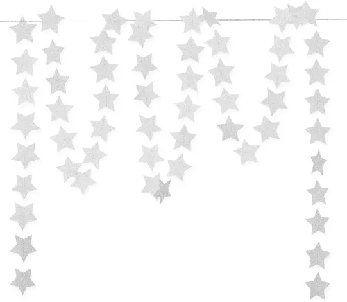 Guirnalda colgante de estrellas de papel plateado con purpurina – Banner de estrella centelleante para telón de fondo de baby shower, decoración de
